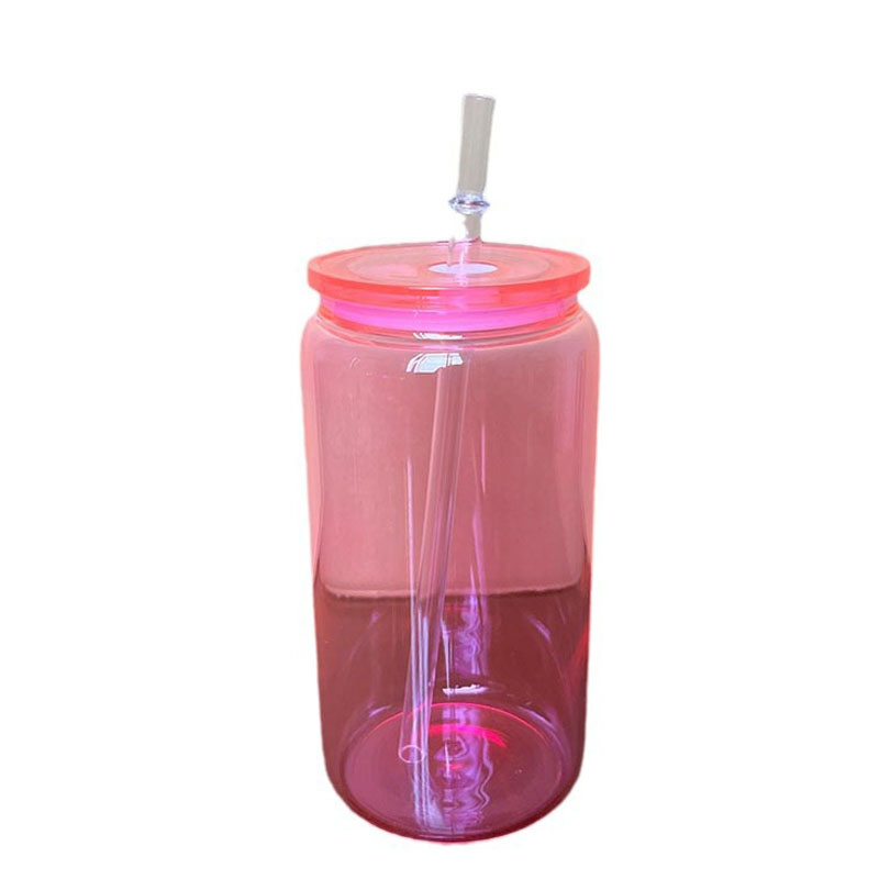 16oz Sublimation Colored Jelly Glass Can with Colored Plastic Lid Sublimation Glass Cups Beer Can Glass Jar Drinking Glasses with Reusable Straw