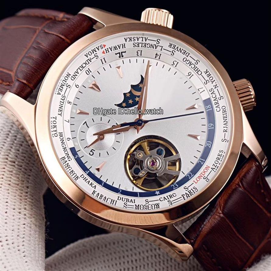 جديد 42 مم التحكم الرئيسي في العالم الجغرافي الجغرافي Q1522420 White Dial Mens Mens Watch Moon Phase Tourbillon Rose Gold Case Leather STR2155