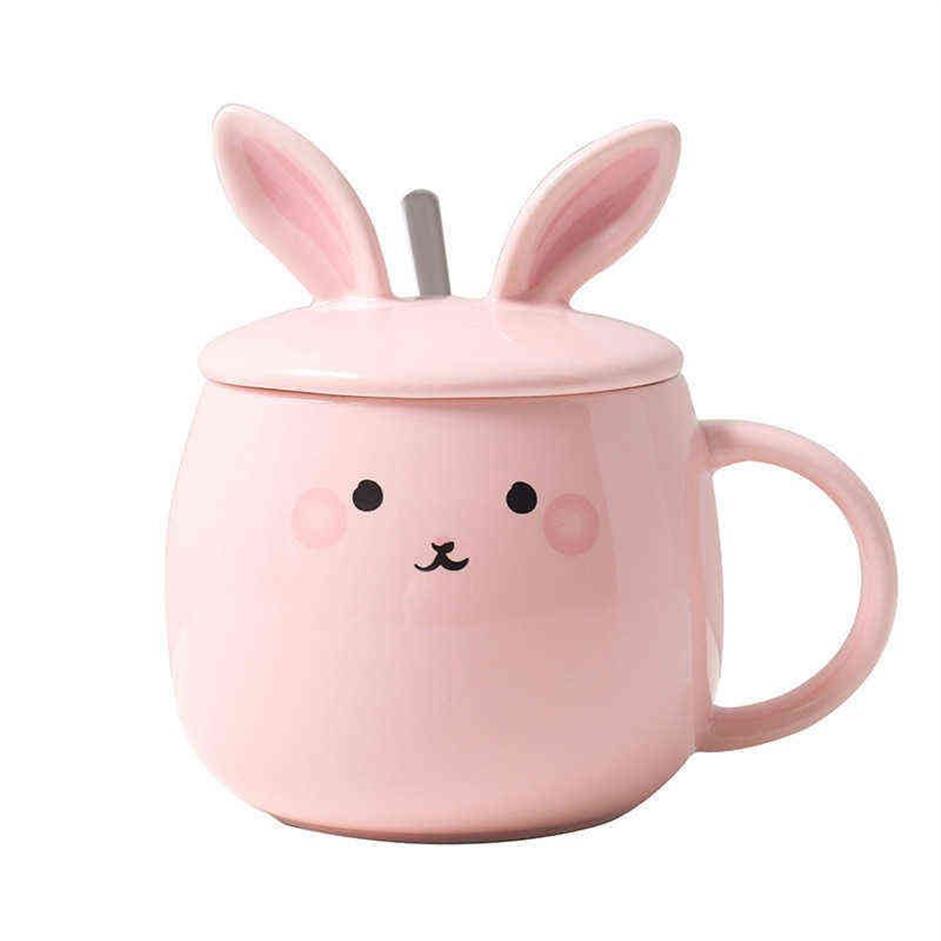 Conejo de dibujos animados con tapa, cuchara, Taza de cerámica, taza para café y desayuno, taza bonita para pareja de estudiantes con tapa y cuchara G1126232u