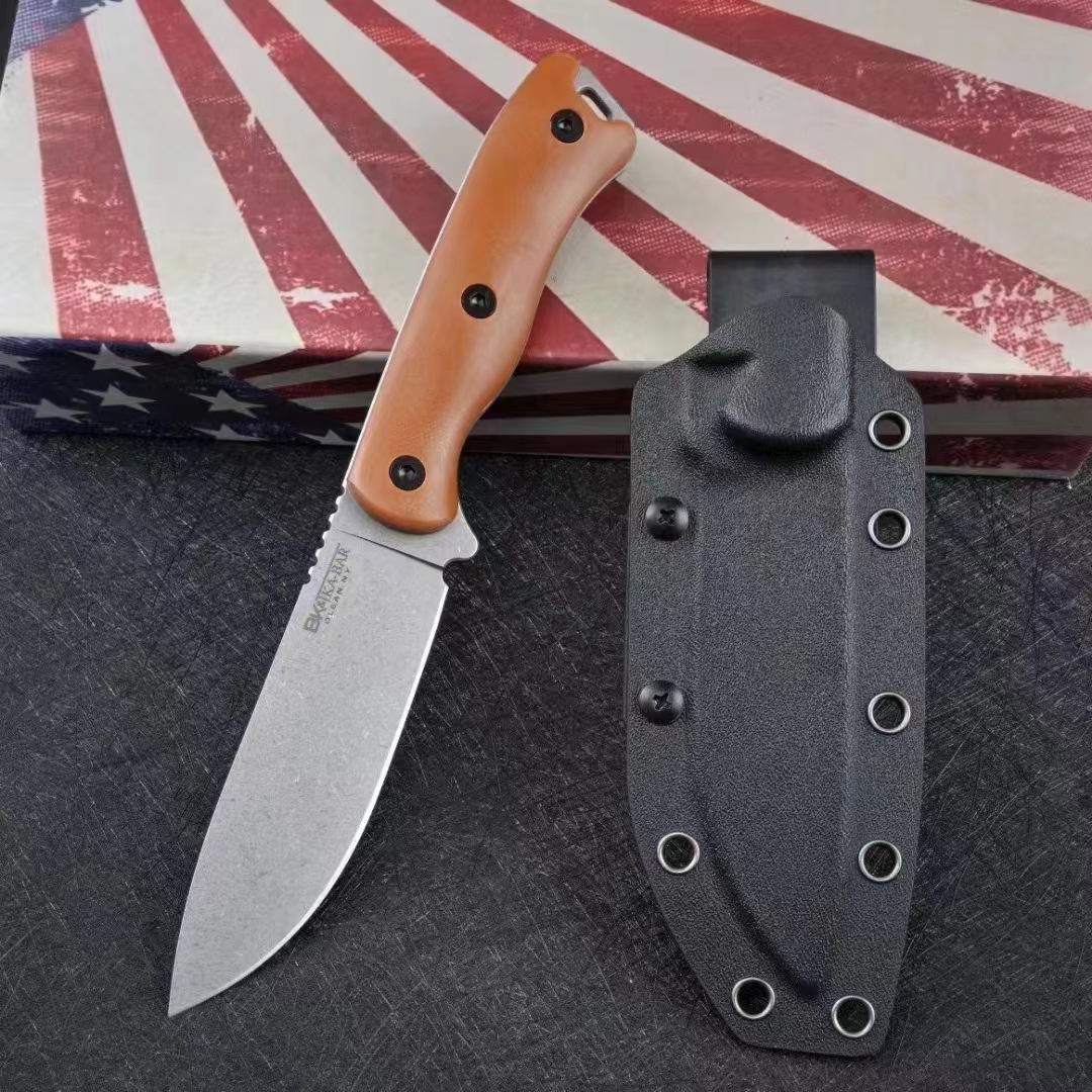 KB BK16 Survival Straight Knife DC53 Stone Wash Drop Point Blade Full Tang G10 Handle Outdoor Camping Hiking Fixed Blade Knives with Kydex