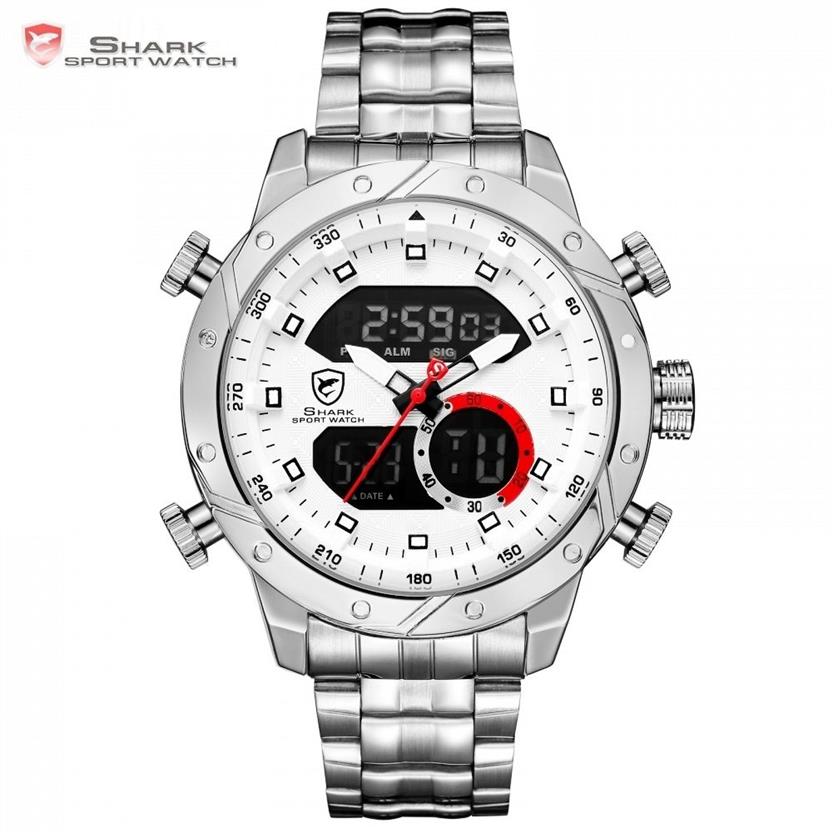 Snaggletooth Shark Sport Watch LCD Auto Date Alarm Steel Band Chronograph Dual Time Men Relogio Quartz Digital Wristwatch SH589 Y325C