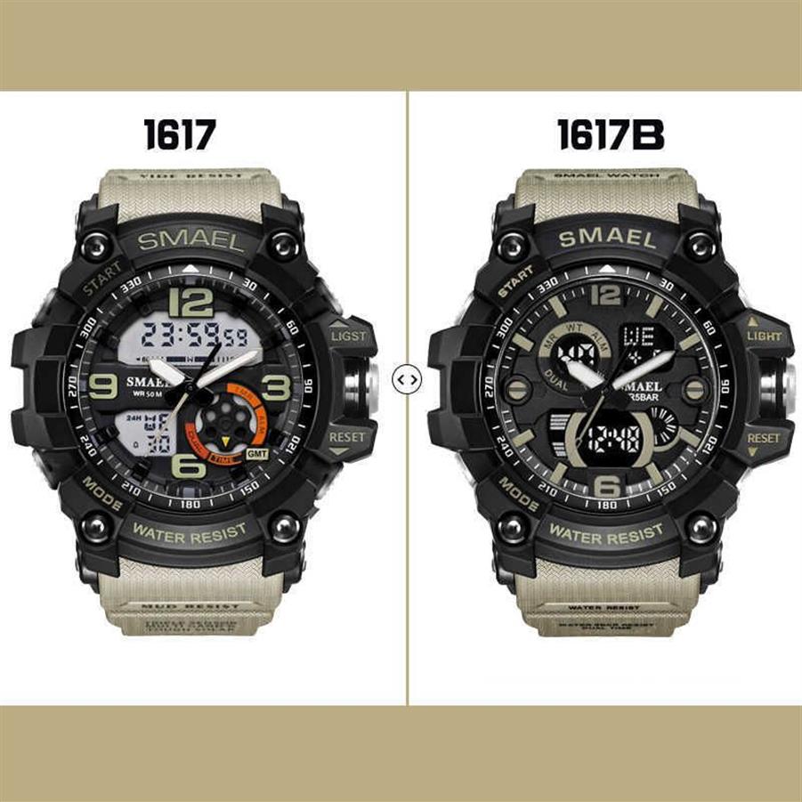 Smael Men Military Watch 50m vattentät armbandsur LED Quartz Clock Man Relogios Masculino 1617 Digital Sports Watches Men's2696