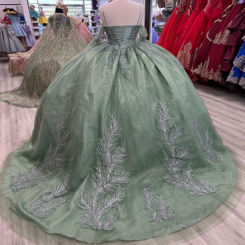 Luxe Sweetheart Groene Glanzende Quinceanera Jurk Lace-Up 2024 Feestjurk Prinses Kant Applicaties Uit De Schouder Voor 16 Jaar