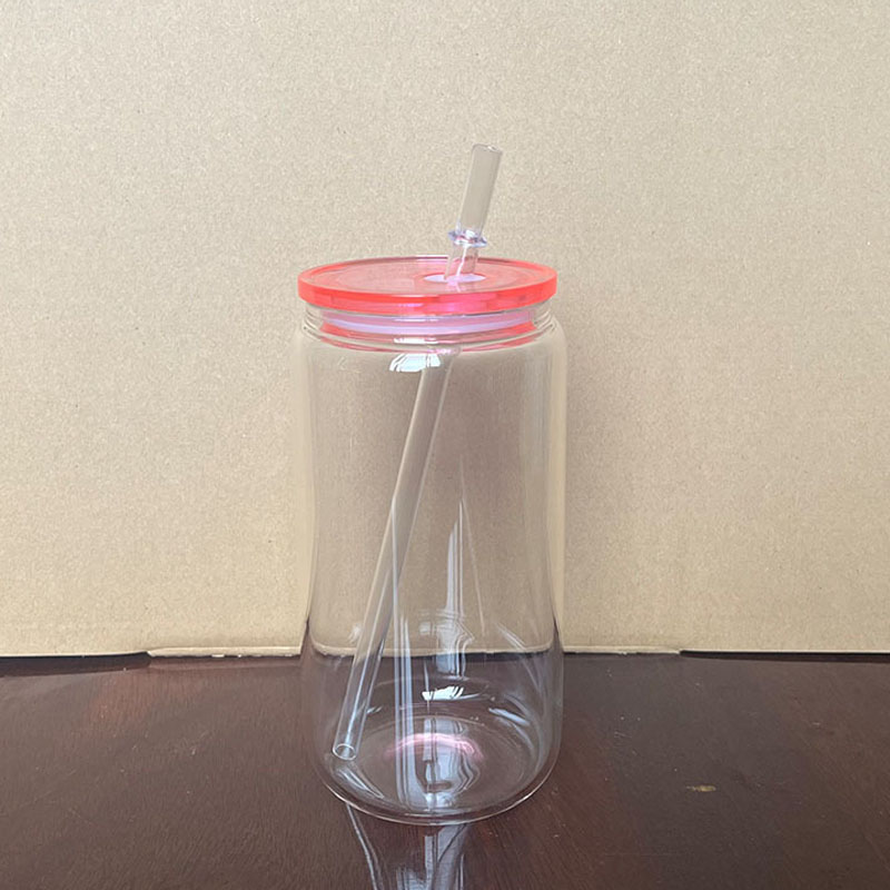 16オンスの昇華ゼリーガラス缶色のプラスチックの蓋付き昇華ガラスカップビール缶ガラスジャー飲料メガネを再利用可能なストロー