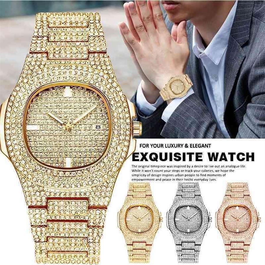 Varumärke Iced Out Diamond Watch Quartz Gold Hip Hop Quartz armbandsur med Micropave CZ rostfritt stål klockklocka relogio248f