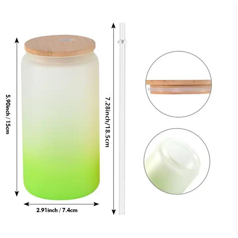 16oz Frosted Sublimation Gradient Glass Can Cup Ombre Jelly Iced Juice Glassar Öl kan tumla kaffemugg med bambu lock/ färgglada plastlockstrån
