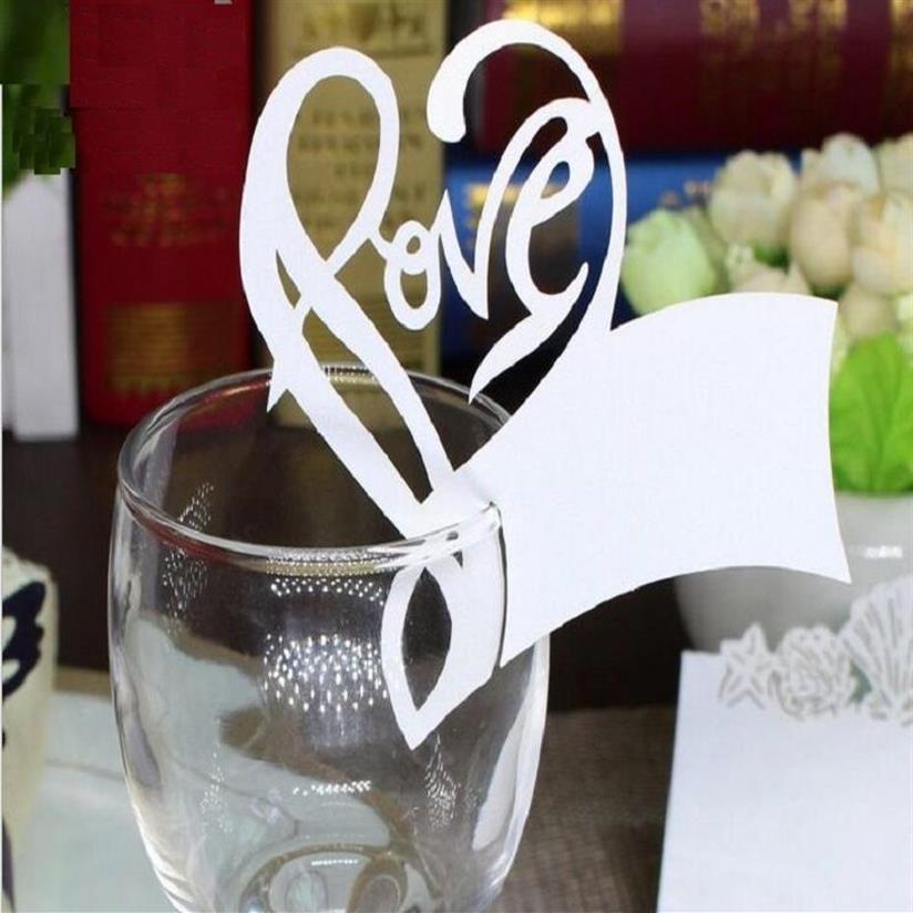 100st Hollow Love Heart Shape Paper Place Card Escort Cup Card Wine Glass Card för bröllop Par Wedding Favors3011