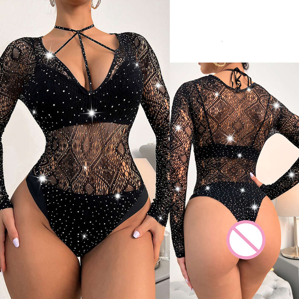 Ladies One-piece Fishnet Net Rhinestone Bodysuit Sexy Mesh Hollow See Through Body Suit Costume Erotic Transparent Jumpsuit sexy