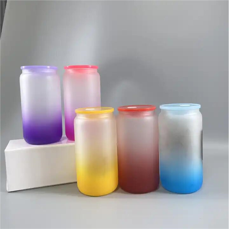16oz Frosted Sublimation Gradient Glasss Can Cup Ombre Jelly Iced Juice Glasses Beer Can Tumbler Coffee Mug With Bamboo Lids/ Colorful Plastic Lids & Straws