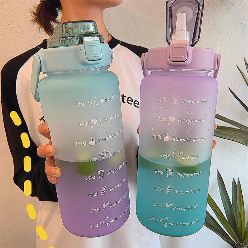 64oz 2000ml große Wasserflasche mit Zeitmarkierung, tragbar, auslaufsicher, BPA, ungiftig, Sporttrinkflasche mit Strohhalm Y0910283U