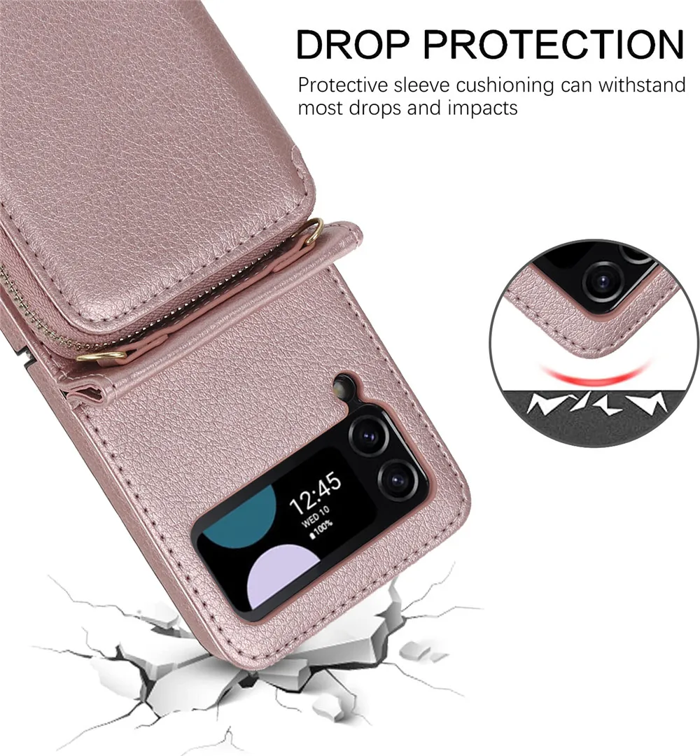 Portfel zamka mulit karty gniazda skórzana obudowa dla Samsung Galaxy Z Flip 5 Flip4 Flip3 5G Ręka Pasek Crossbody Smyczowa torba Torba Telefon Cover Flip skóra