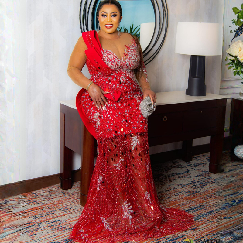 Plus Size Aso Ebi Prom Dresses Luxurious Red Mermaid Beaded Evening Dress Long Sleeves Gala Sparkling African Second Reception Gowns Birthday Party Gown AM140