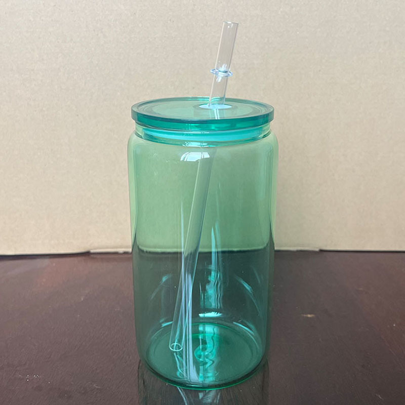 16オンスの昇華ゼリーガラス缶色のプラスチックの蓋付き昇華ガラスカップビール缶ガラスジャー飲料メガネを再利用可能なストロー