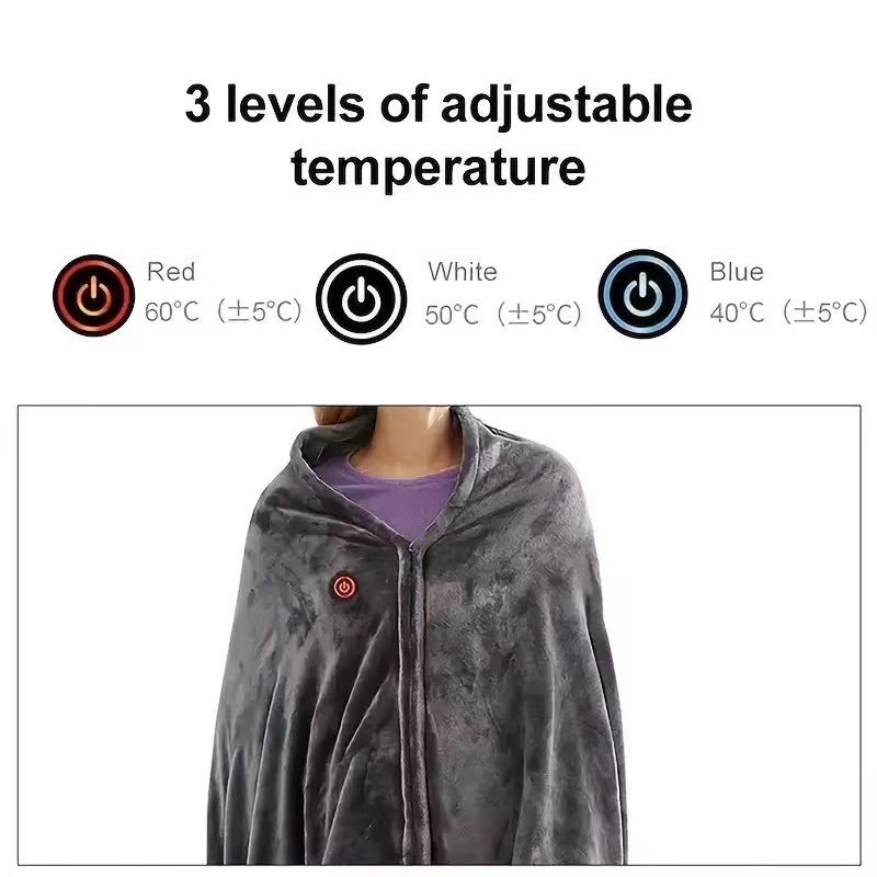 elektrische verwarmde sjaaldeken, flanel USB draadloze wikkel voor met ritssluiting, verstelbare 3 -niveaus temperatuur, draagbare draagbare worp poncho