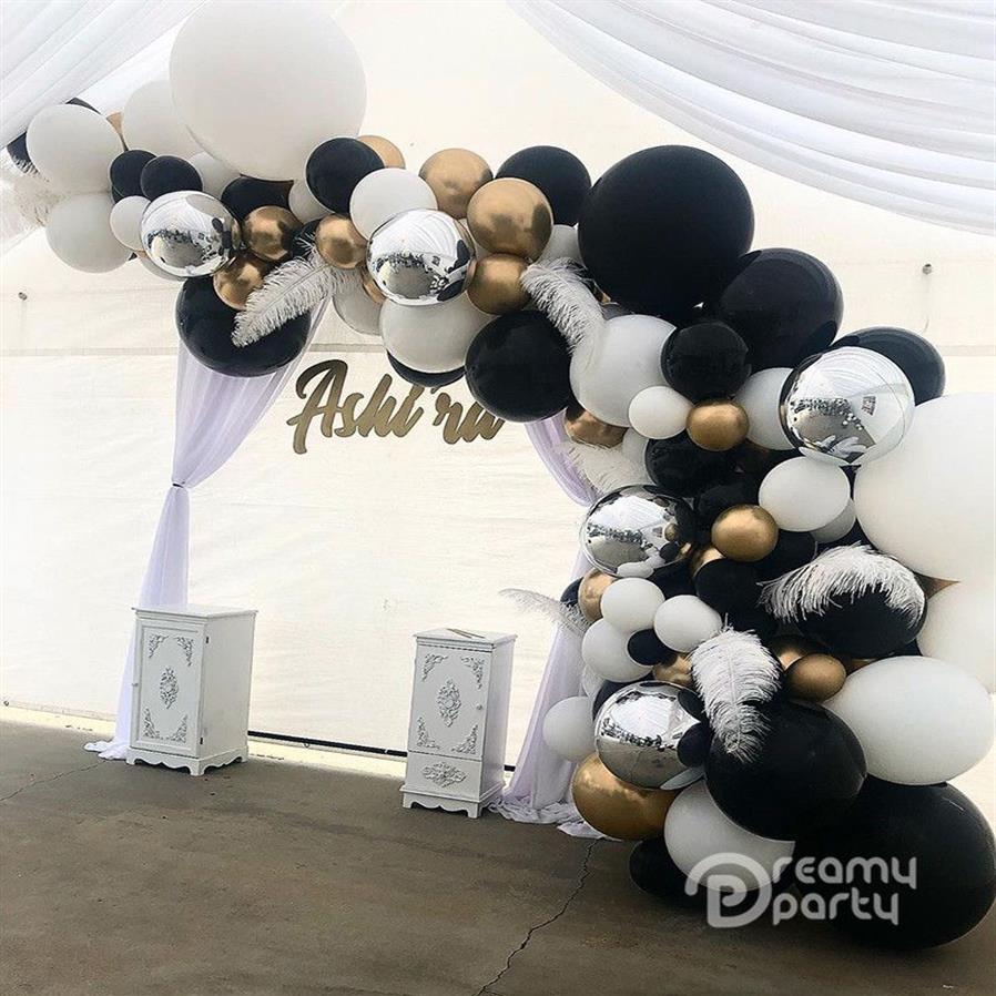 100 Uds. Kit de arco de globos blancos y negros de látex, guirnalda de globos metálicos dorados, decoraciones para fiesta de cumpleaños y aniversario de boda, conjunto F1230232n