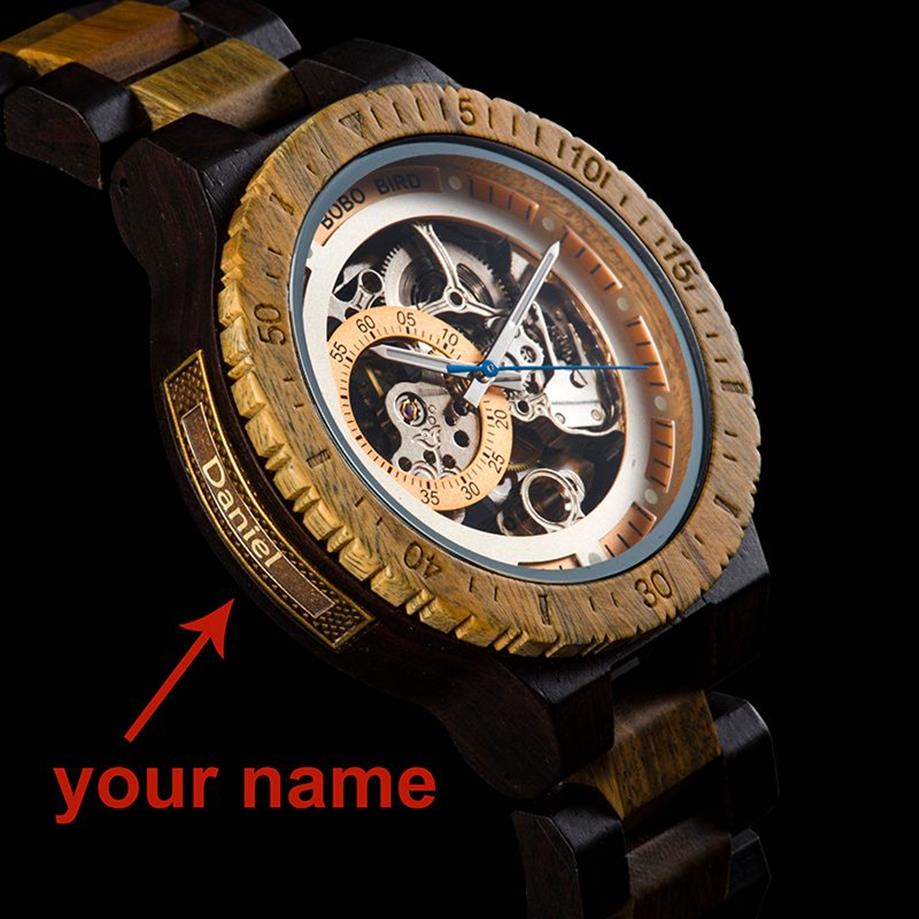 Relogio Masculino BOBO BIRD Mechanical Watch Men Wood Wristwatch Automatic Customized Name for Dad Wooden Gift Box Y200414213Z