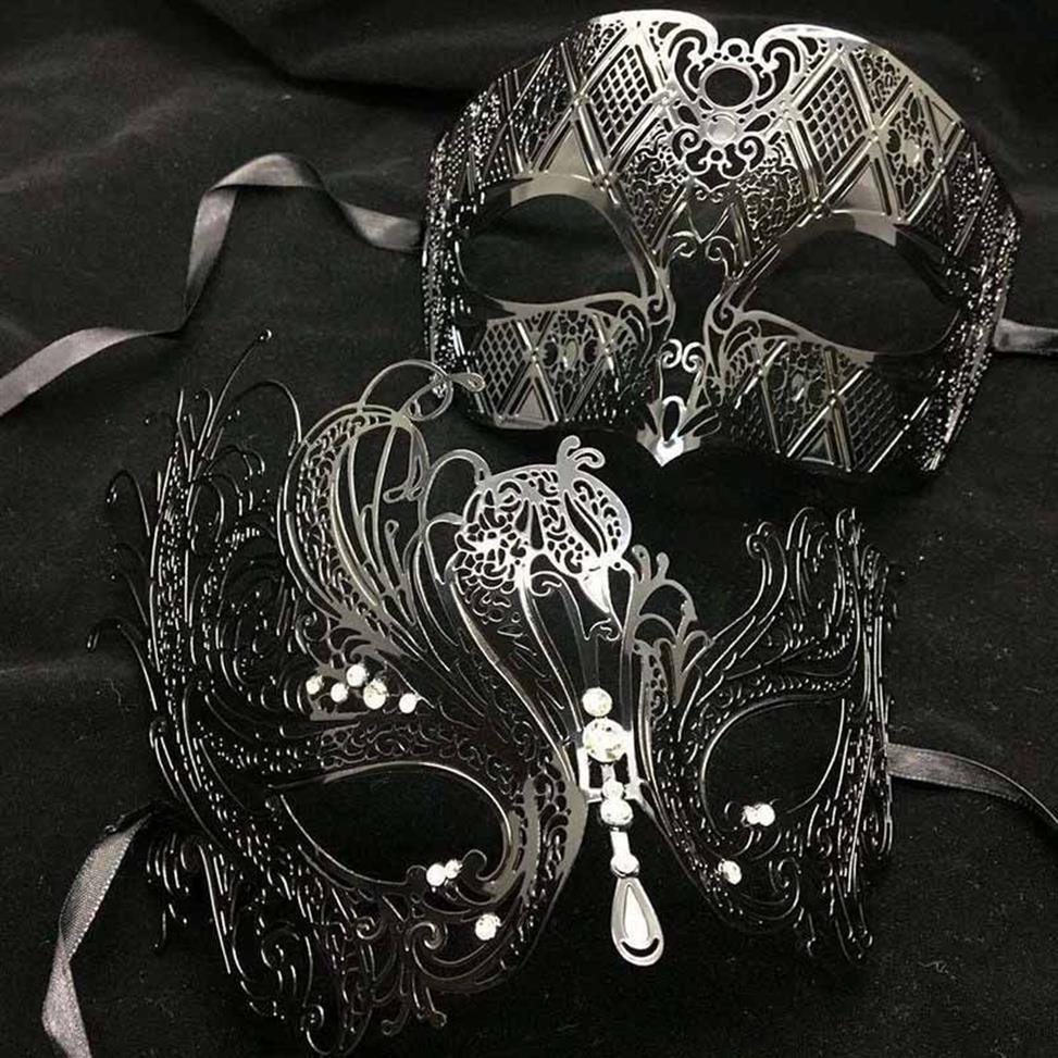 Masques de fête Noir Argent Blanc Or Diamant Métal Couple Amoureux Mascarade Masque Ensemble Hommes Femmes Swan Phantom Halloween Mariage Party256l