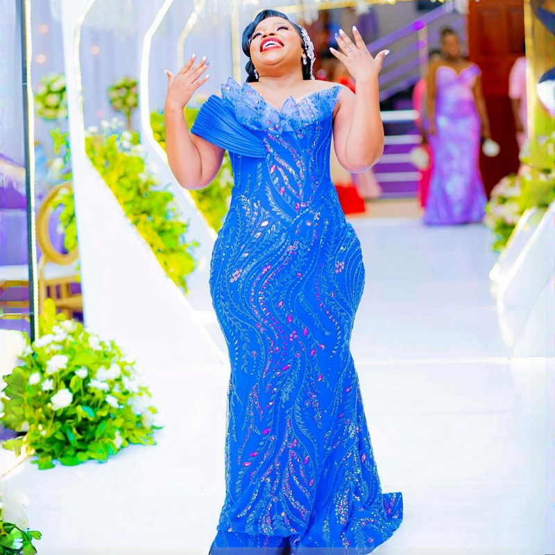 Plus Size Aso Ebi Evening Dresses Mermaid Blue One Shoulder Promdress for Black Women Lace Tulle Prom Birthday Party Gowns Second Reception Engagement Gown ST600