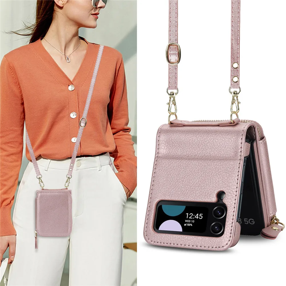 سستة محفظة Mulet بطاقات الفتحة الجلدية لحالة Samsung Galaxy Z Flip 5 Flip3 5g حزام يدوي Crossbody Lanyard Base Cover Kickstand Flip Leather