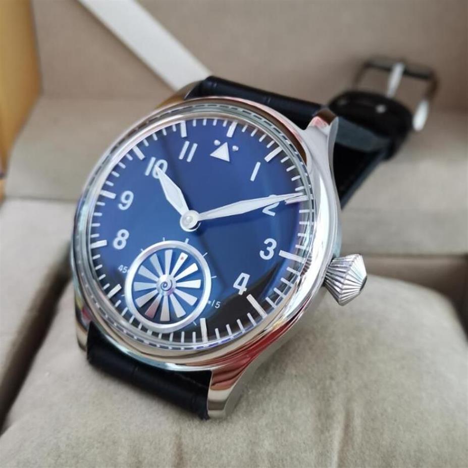 Horloges 44 mm zonder logo Mechanisch handopwindbaar herenhorloge Zwarte wijzerplaat Blauw glas Ardennen Bubble Spiegel Roterende turbine Seagull 256I