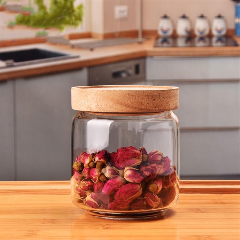 Wood Lid Glass Kitchen Storage Bottles Jars Airtight Canister Container Grains Coffee Beans Grains Candy Jar Boxes272j