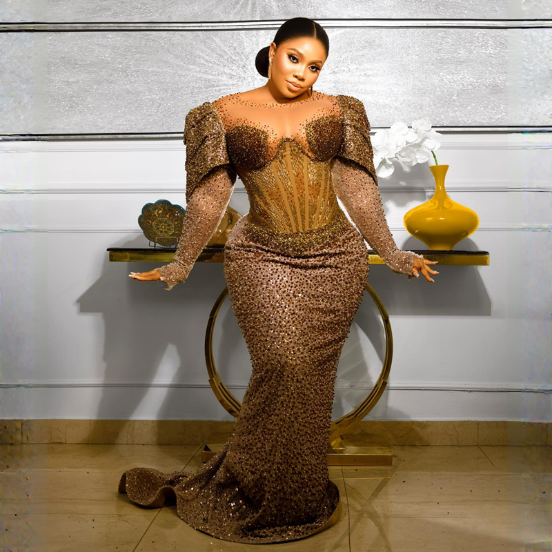 2023 Plus Size Evening Dresses Gold Mermaid Long Sleeves Promdress Illusion Prom Dresses for Black Women Prom Birthday Party Gowns Second Reception Gown ST634