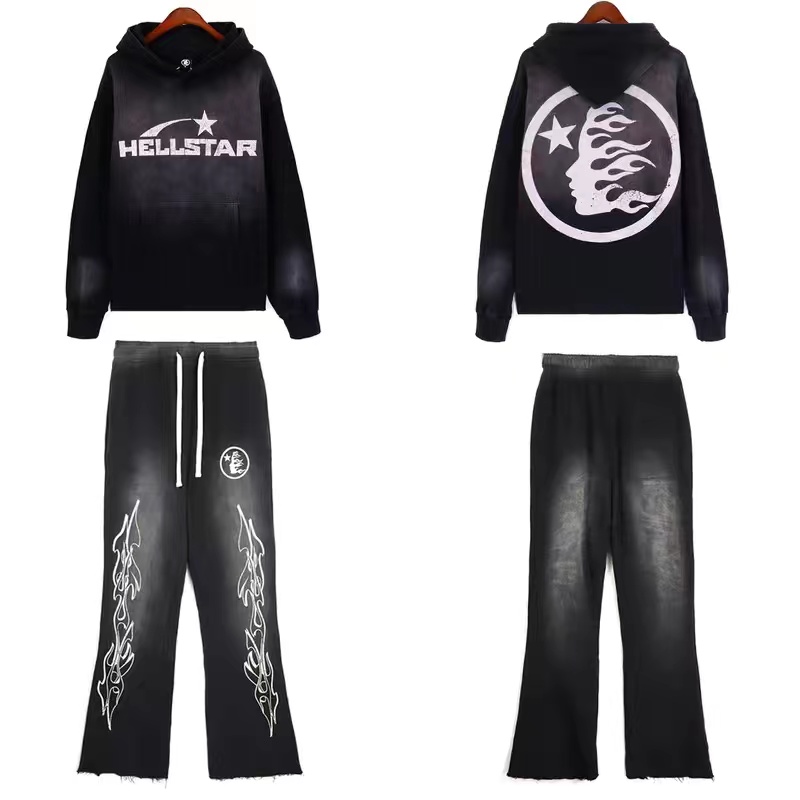 Rock Hip sweatsuit Hop Street Hella trapstar Hoodies Set Washed Flame Letter Print Hooded Pullover Men Women Oversized Hellatshirts t