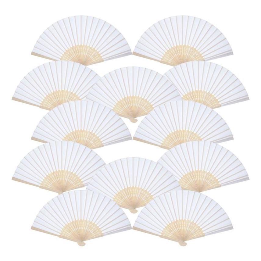 Confezione da 12 ventagli tenuti in mano Bomboniera Ventaglio di carta bianca Ventagli pieghevoli in bambù Palmare piegato regalo di nozze in chiesa1766