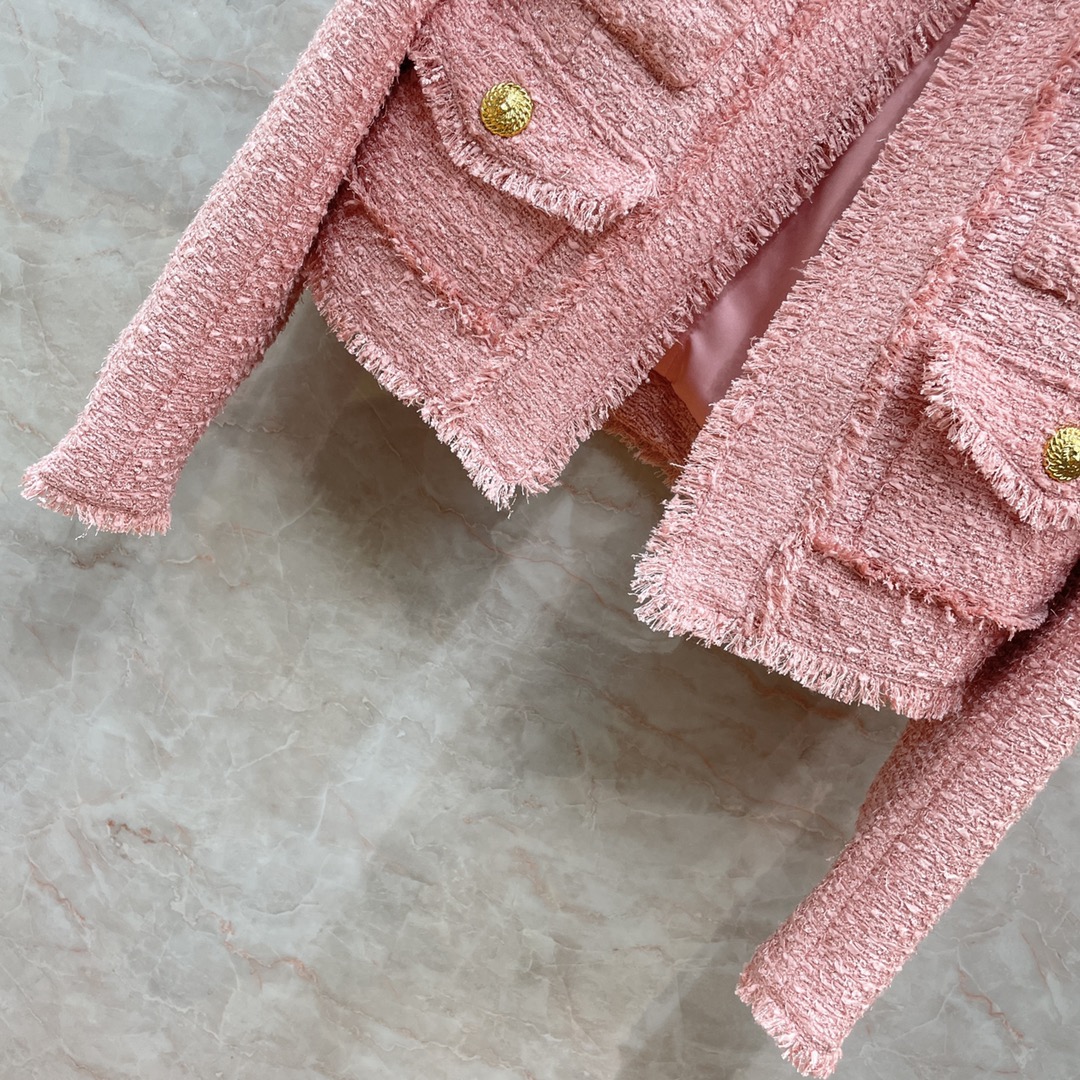 Abrigos cortos rosa/blanco Botones de metal de diseñador Bolsillos Borlas Chaquetas de mujer Abrigos de pasarela de Milán 1211097