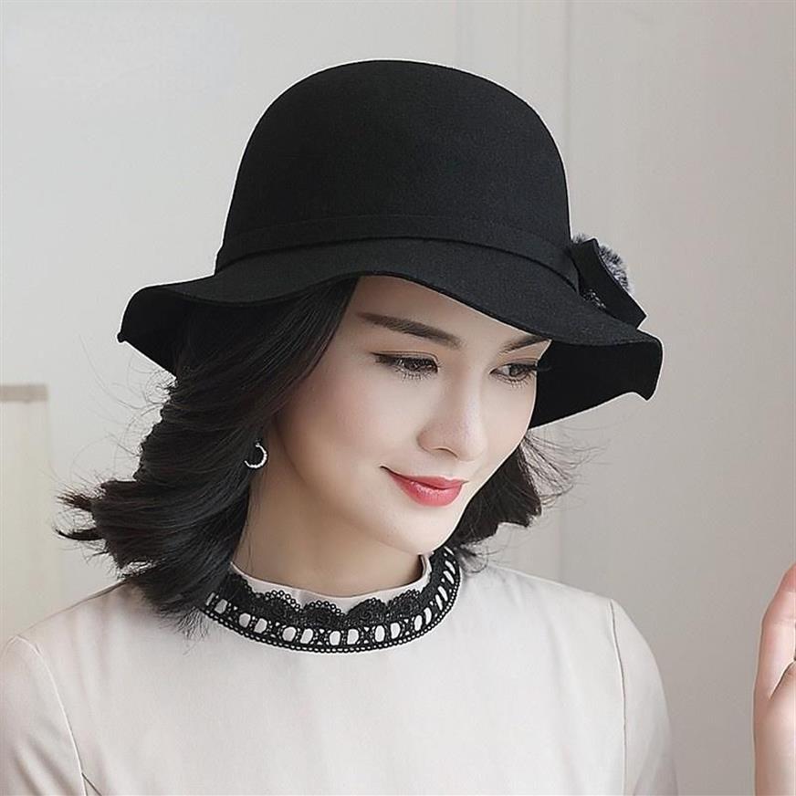 Stingy Brim Hats 2021 Winter High Quality 100% Australia Wool Lady Hat With Fur Flower Women Bowknot Floppy Felt Fedora2795