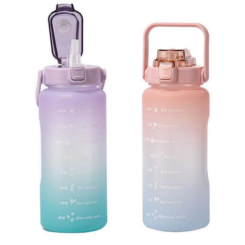 Grande bouteille d'eau de 64 oz 2000 ml avec marqueur de temps Portable étanche BPA bouteille de sport non toxique avec paille Y0910306s