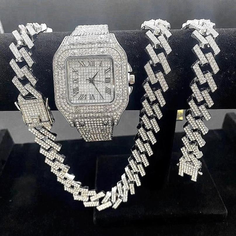 Relógios de pulso congelado relógios para homens relógio de ouro quartzo 15mm cubano link cadeias pulseira colares diamante jóias homem reloj275z