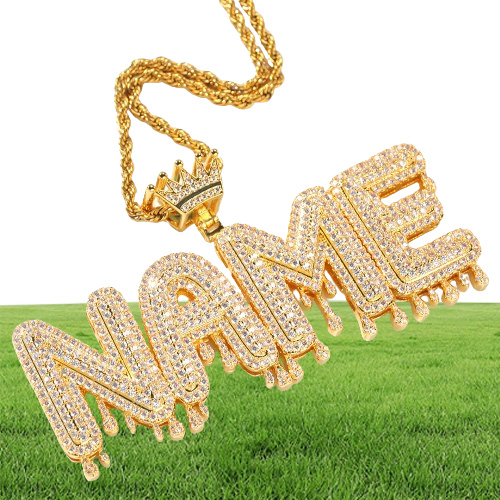 UIWN Name Necklace Men Customize Drip Crown Intial Letter Pendant color Rose gold Commission Gift Jewelry Cuban Rope Chain Q1114271173010