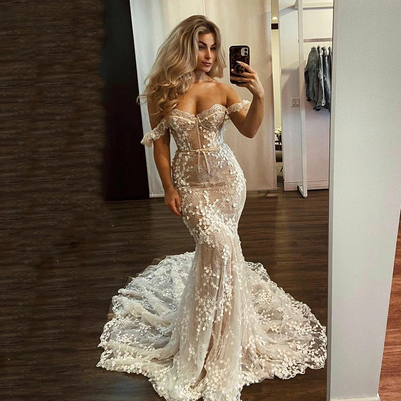 3D Lace Appliques Boho Mermaid Wedding Dresses Illusion Nude Lining Sexy Off Shoulder Sweetheart Corset Beach Long Bridal Gowns