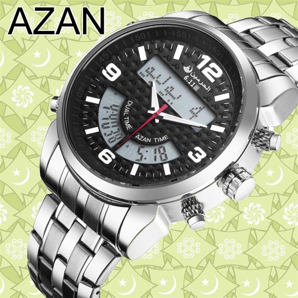 6 11 Nytt rostfritt stål LED Digital Dual Time Azan Watch Y19052103297D