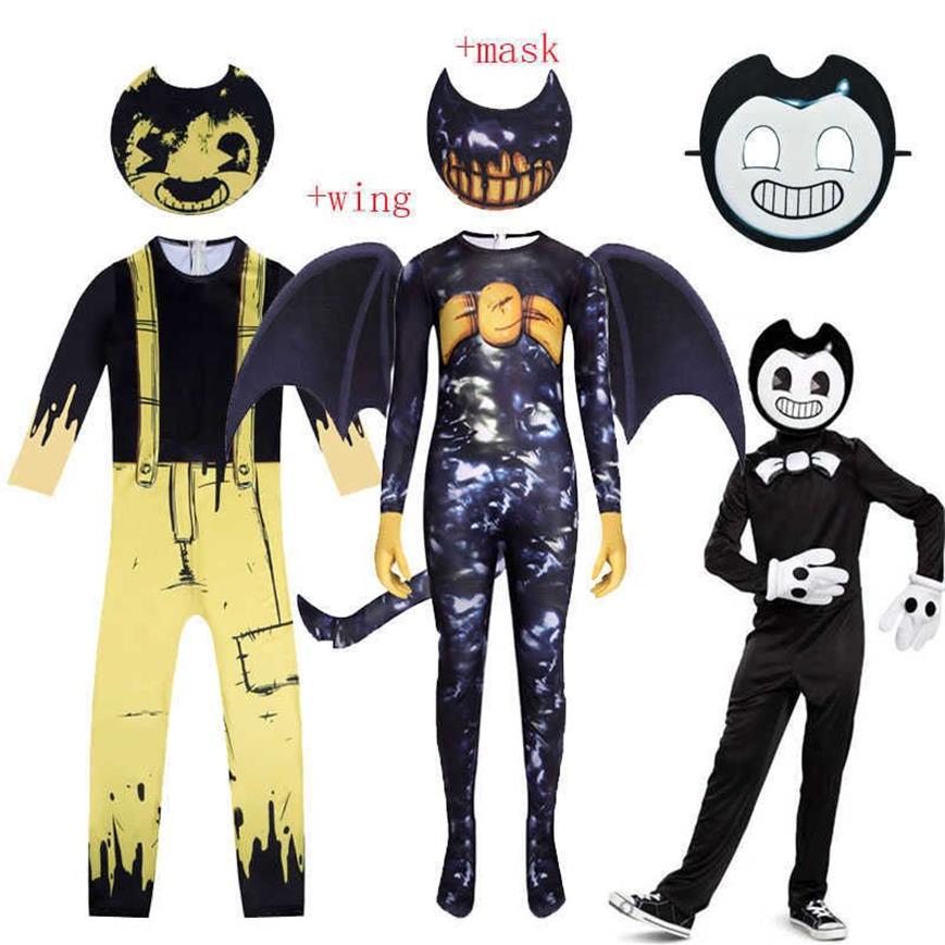 Crianças trajes de halloween anime bendy as máquinas de tinta cosplay meninos meninas bodysuit asa dos desenhos animados disfraces carnaval festa roupas g0216k