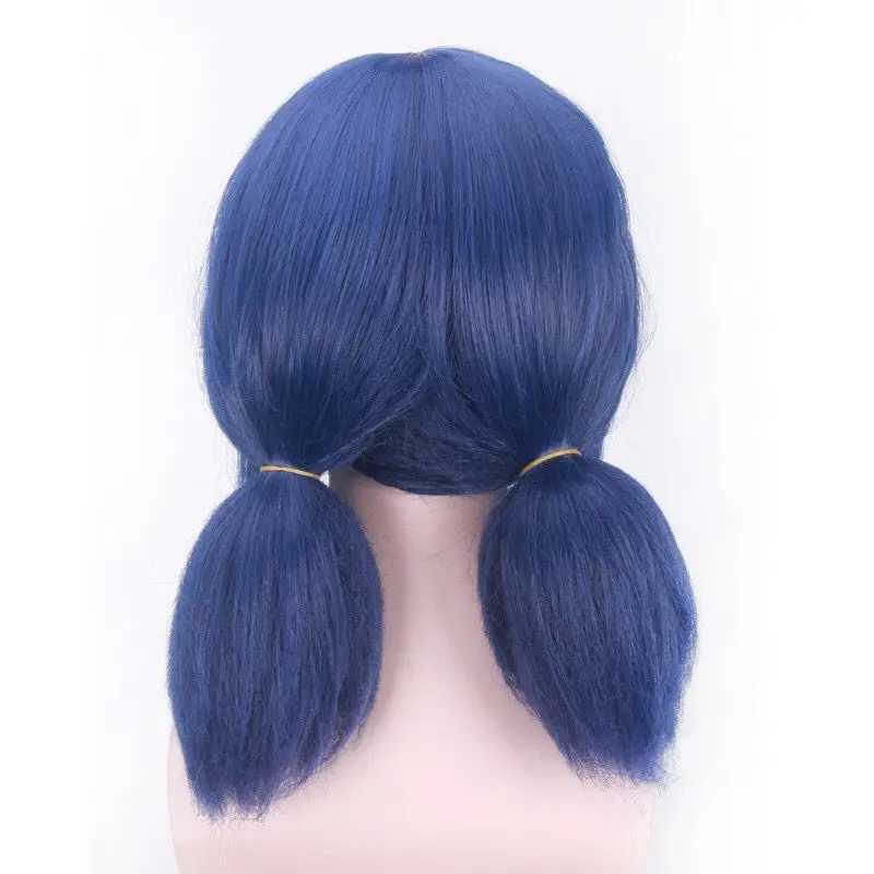 Perruques de cosplay Anime Cosplay perruque pour filles femmes cheveux bleus avec boucles d'oreilles rouges Halloween Cosplay filles super-héros Anime Dress UpL231212