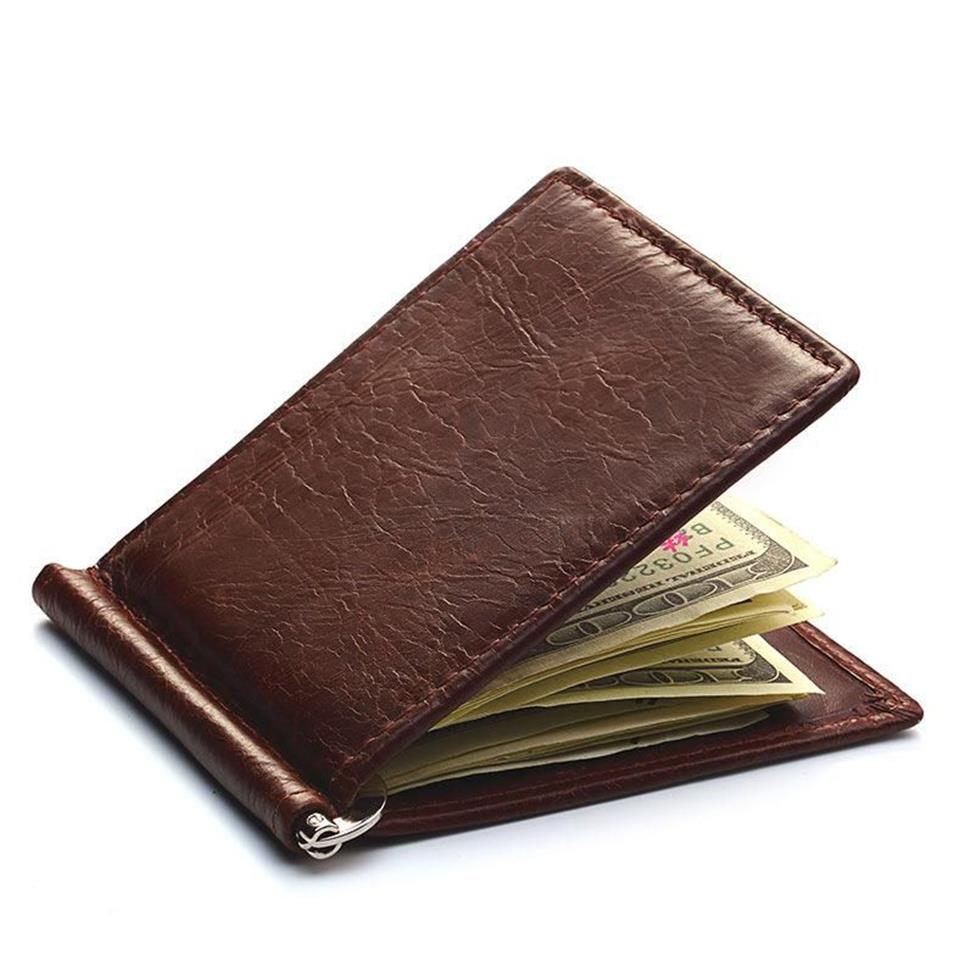 Wallets Genuine Leather Men's Vintage Money Clip Male Bifold Purse Simple Billfold Wallet Men Clamp Slim Cash Card HolderWalle2509