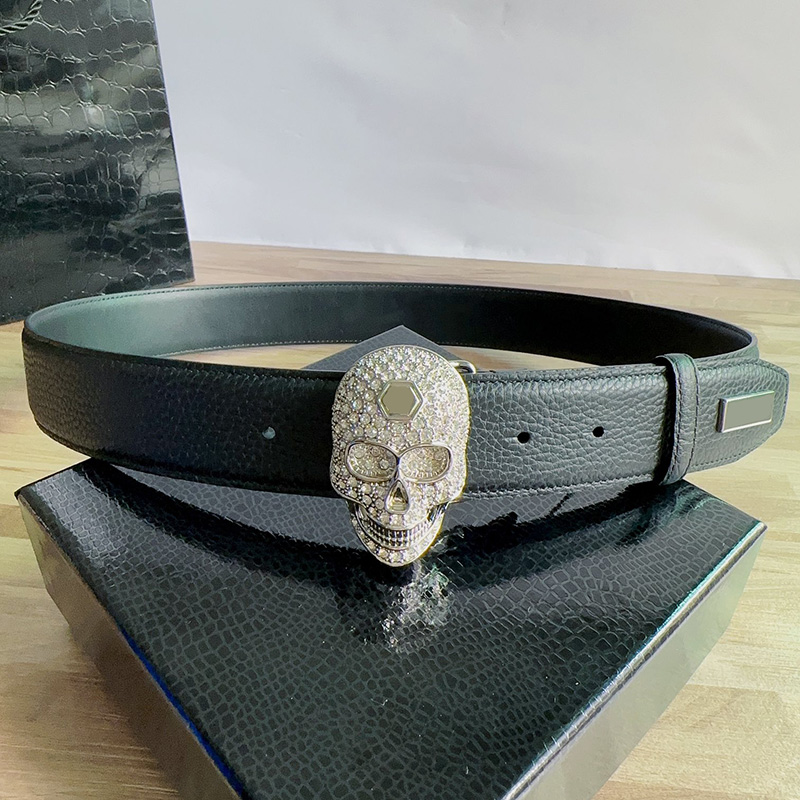 Luxury Men Belts with Crystals Skeleton Buckle Designer Belt Fashion Black Calfskin 3.8cm Top Quality Mens Dress Waistband with Box