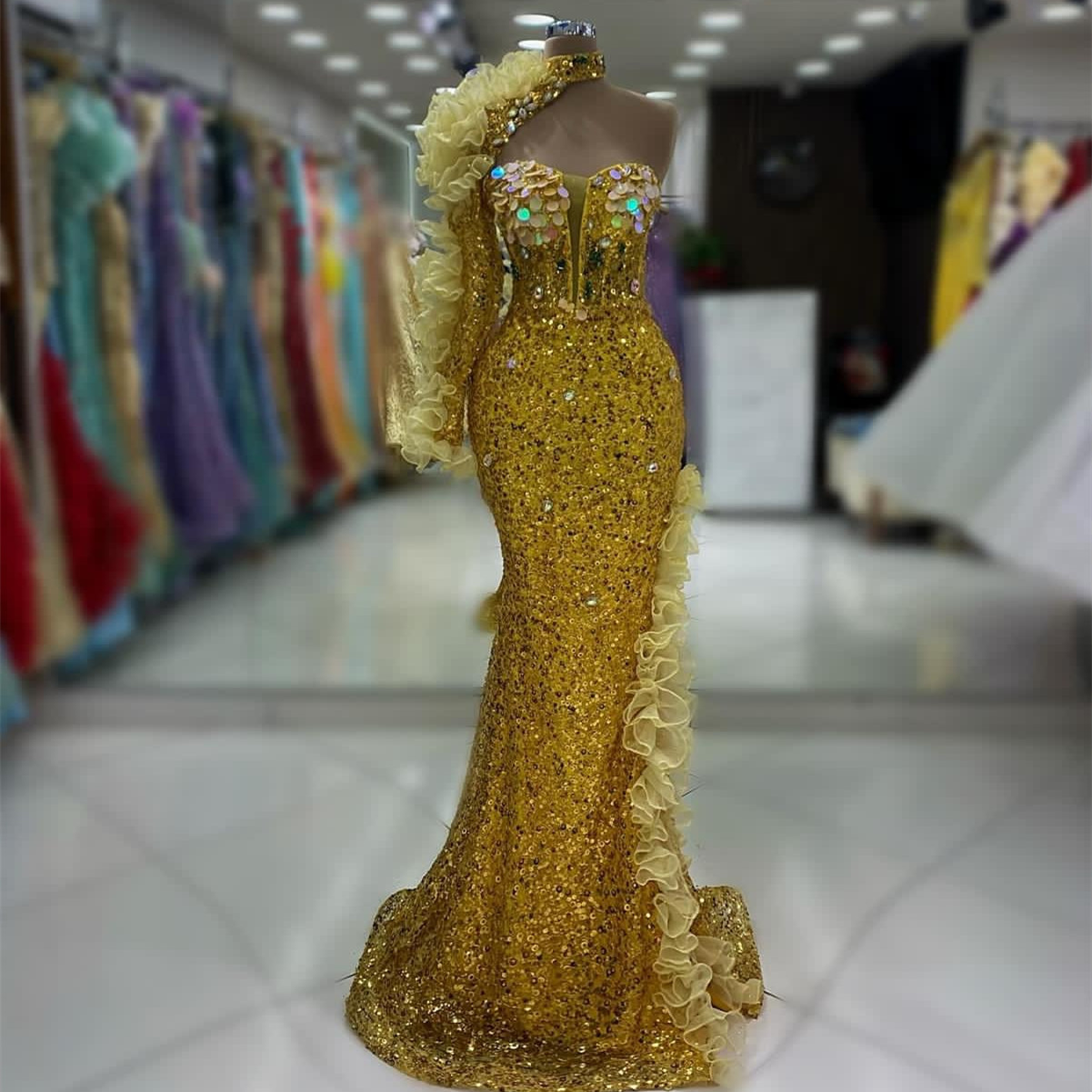 2024 ASO EB GOLD MERAMID PROM Kleid Kristalle Paillettenspitzen Abend formelle Party Zweiter Empfangsgeburtstag Verlobungskleider Kleider Robe de Soiree ZJ02