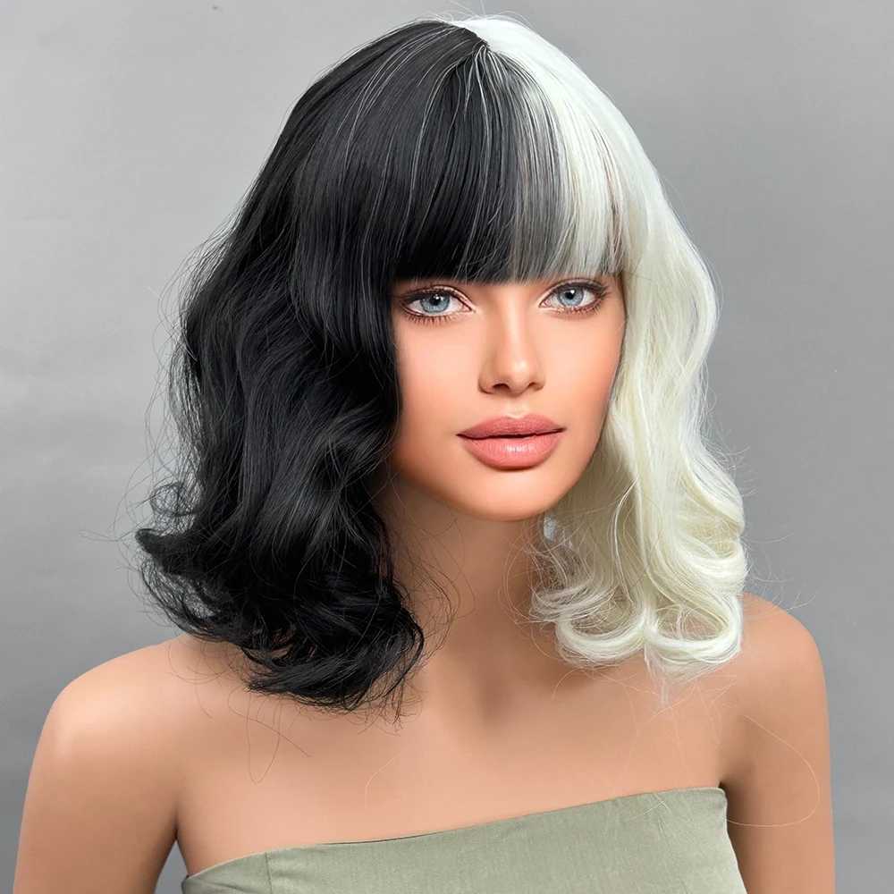 Cosplay Peruki Krótkie czarne białe peruki dla kobiet 12 '' Bob Hair z grzywką Naturalną modną syntetyczną pełną perukę urocze kolorowe peruki dla codziennego partyl231212