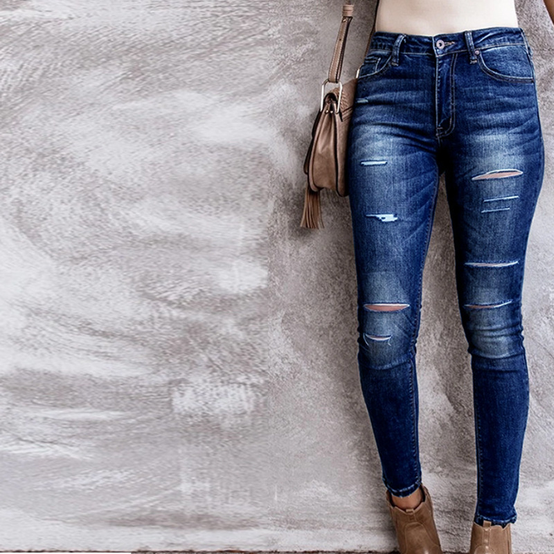 Jeans casual da donna con fori il ginocchio strappati Pantaloni da donna vintage con vestibilità elastica e graffiati, sbiancati, a vita alta, di alta qualità