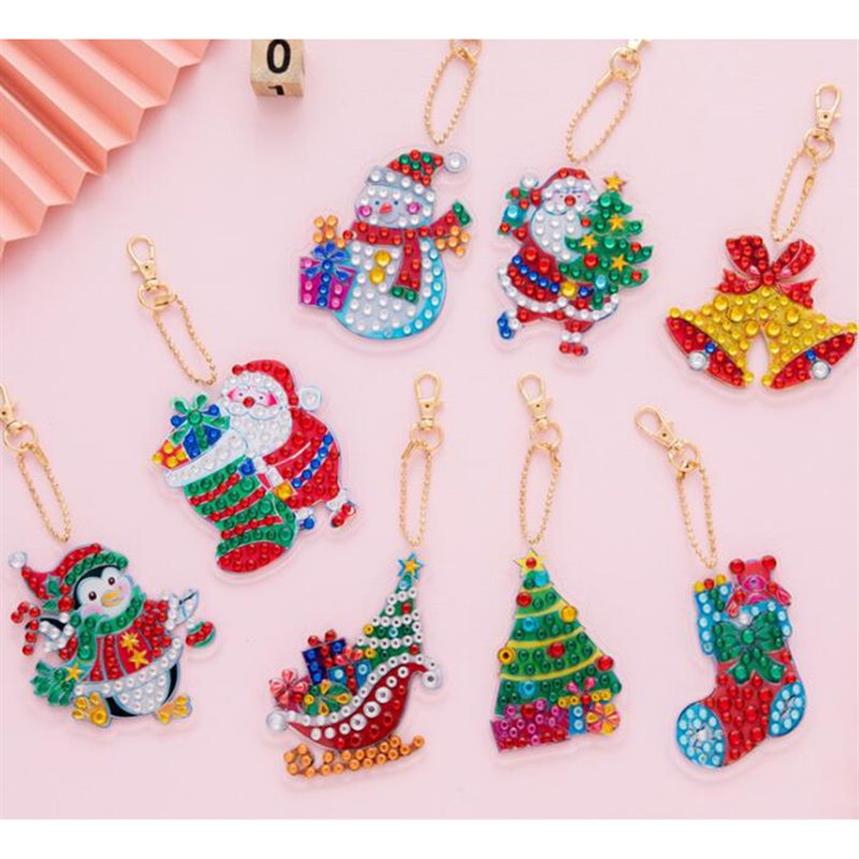 Porte-clés peinture diamant de noël à faire soi-même, 8 pièces, pendentif, perceuse complète, broderie diamant en forme spéciale, décoration de sac pour femmes, cadeau de noël 2249z