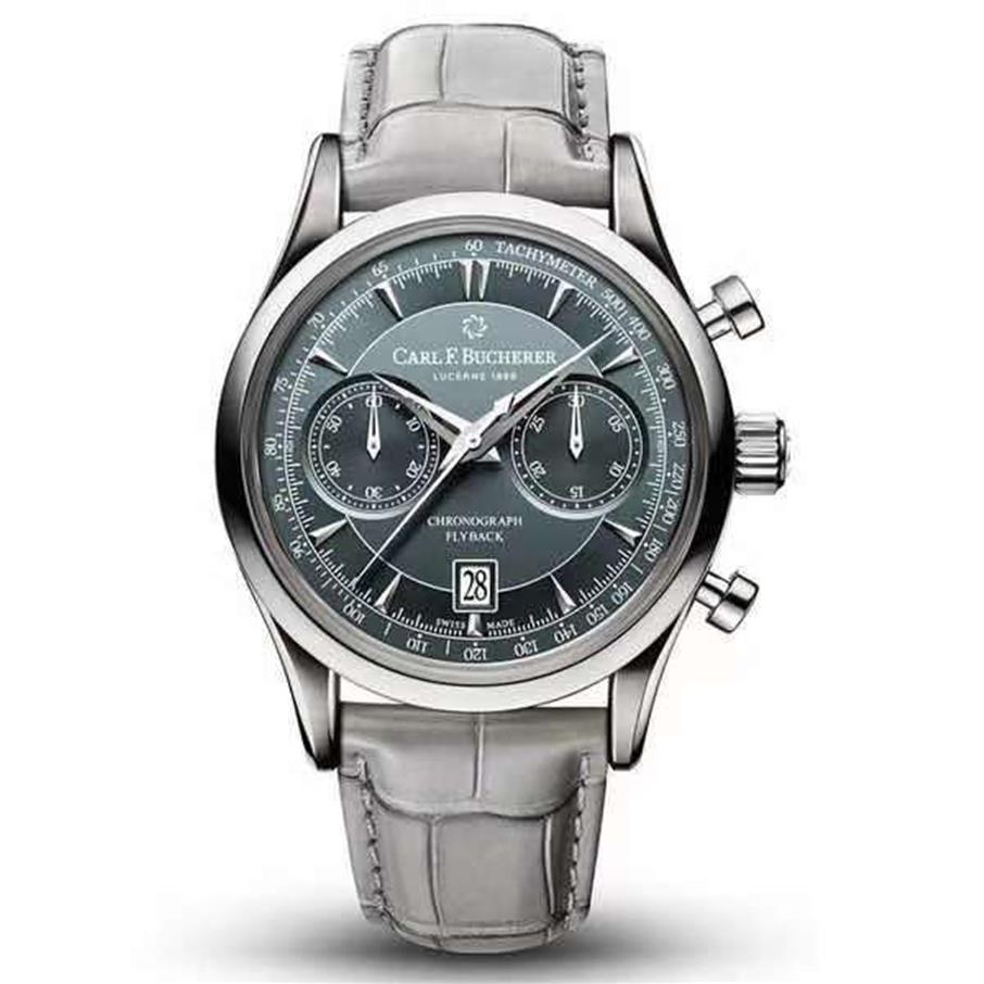 Carl F Bucherer Watch Marley Dragon Flyback Chronographグレーブルーダイヤルトップレザーストラップクォーツメンズウォッチウォッチメン251Q