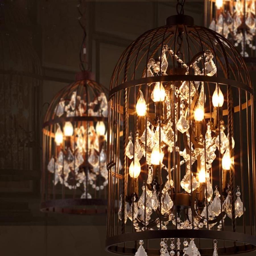 Pendant Lamps Retro Crystal Bird Cage Chandelier Black Iron Art Personalized Clothing Store Cafe Decoration Hanging Lamp E14 Bulb 175d