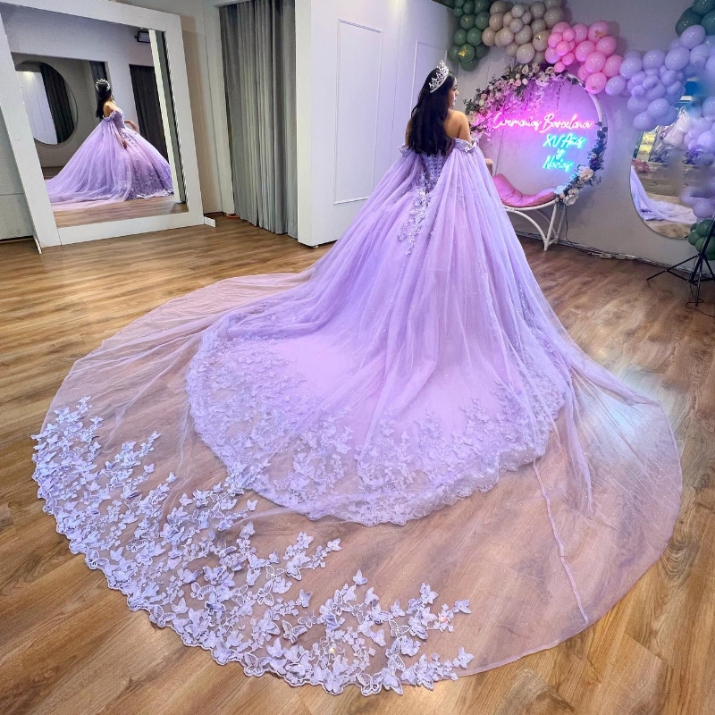 Vestido de quinceanera com borboletas e lavanda, vestido de baile, festa de aniversário, doce 16, renda, tule com capa, 15