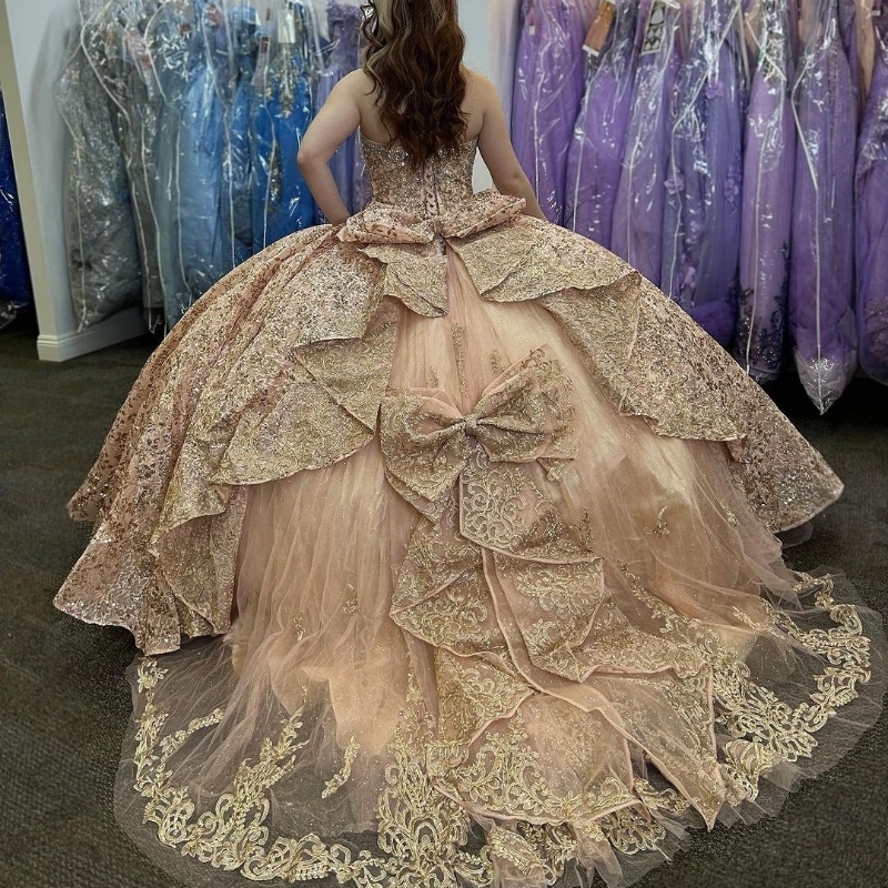 Gül Altın Parlak Quinceanera Elbise 2024 Balo Elbise Tatlı 16 15 Pekalı Dantel Boncuklar Prenses Vestidos De XV 15 Anos