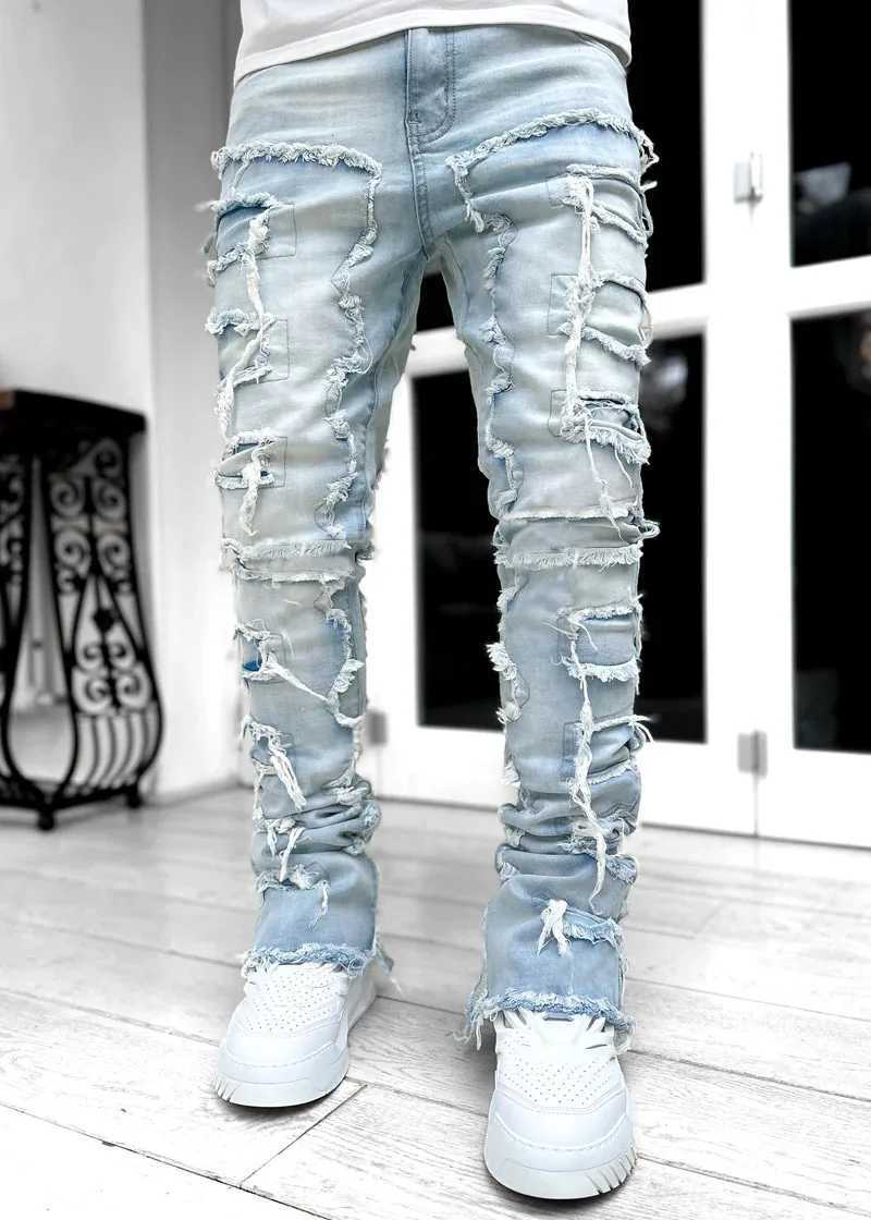 Jeans masculin pour hommes ensemble régulier jean empilé Torn Ultra-Thin Patches en détresse détruite droite Hip Hop Street Vêtements Street Fabricl2404