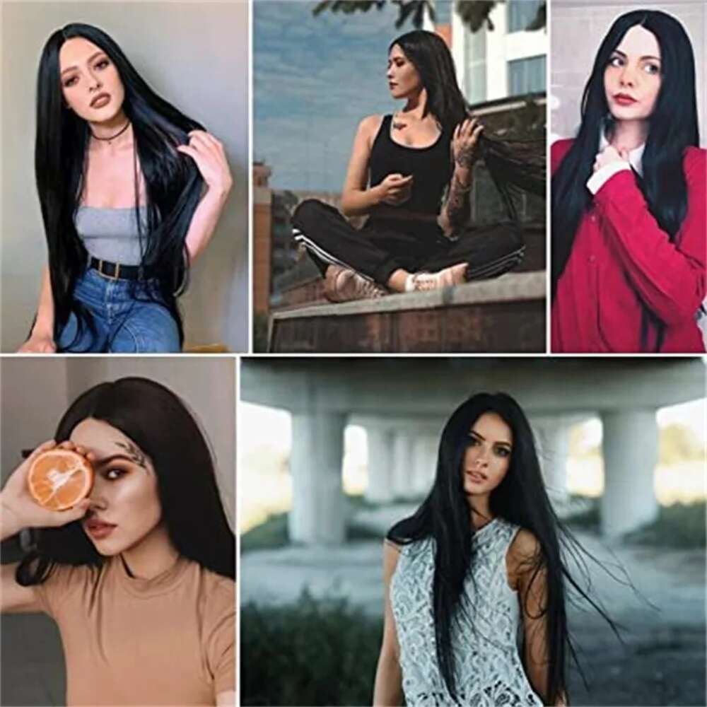 Addams Ailesi Cosplay Wig Morticia Wendesday Siyah Uzun Düz Saç Isı Dayanıklı Sentetik Cadılar Bayramı Partisi Kadın Peruklar