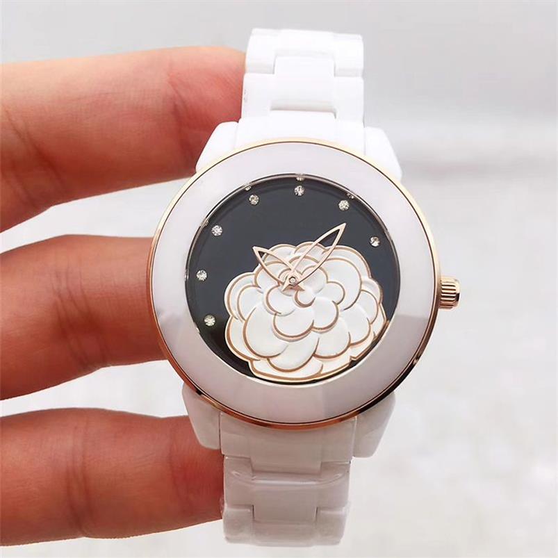 Women Ceramic Watch 3D Camellia Fashion Casual Women's Quartz Analog Wrist Watch Gift256g